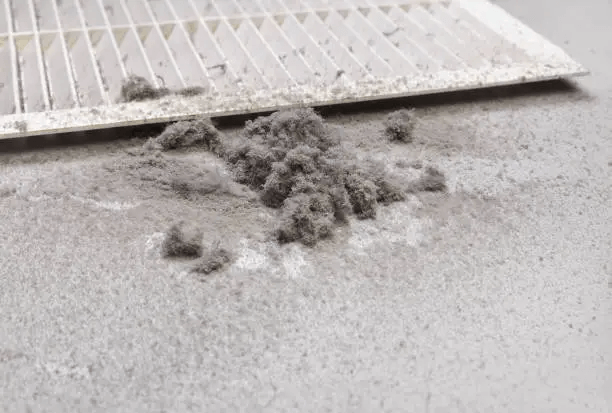 Pile of lint and dust sitting beside an air duct filter.