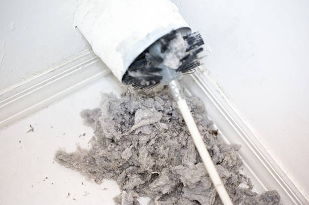 A long brush being used to remove lint from a dryer vent.